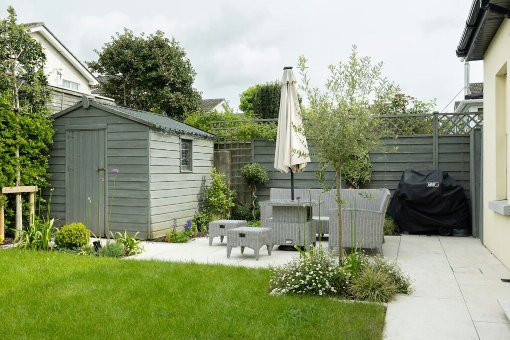 Backyard patio garden with layered planting