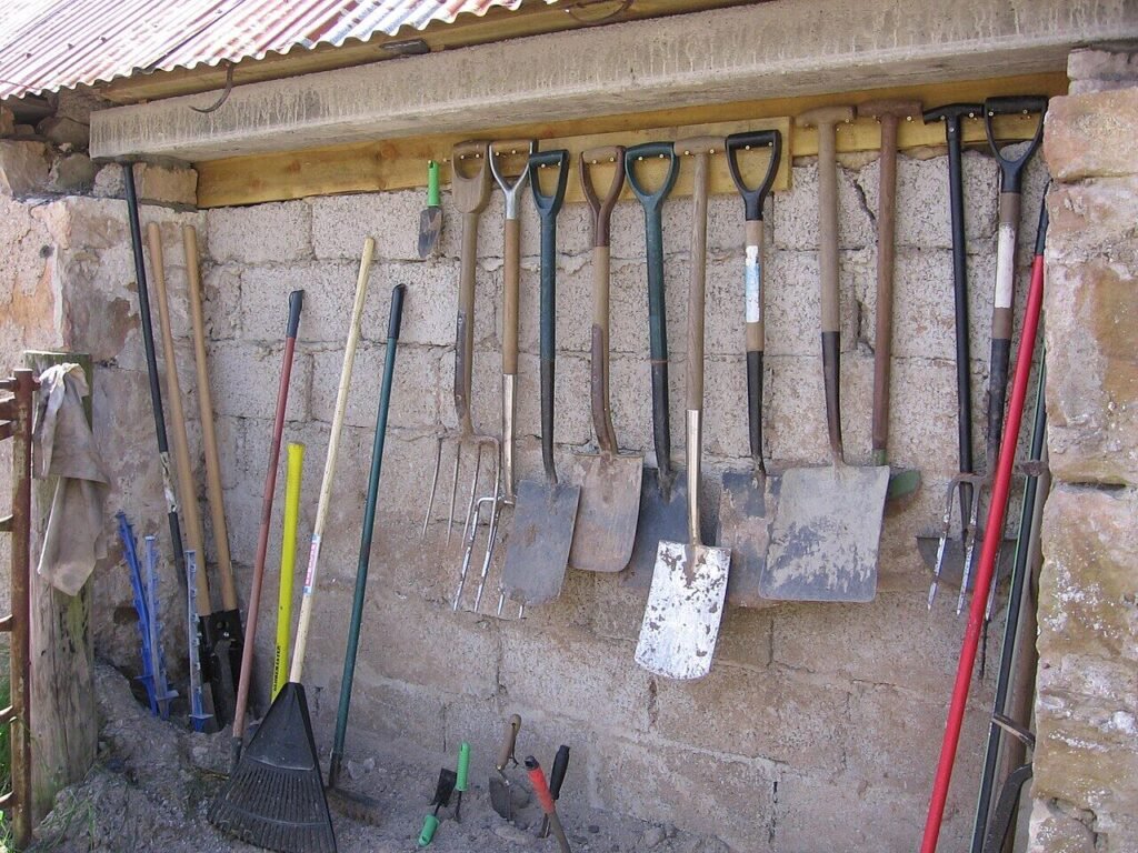 Garden hand tools laid out