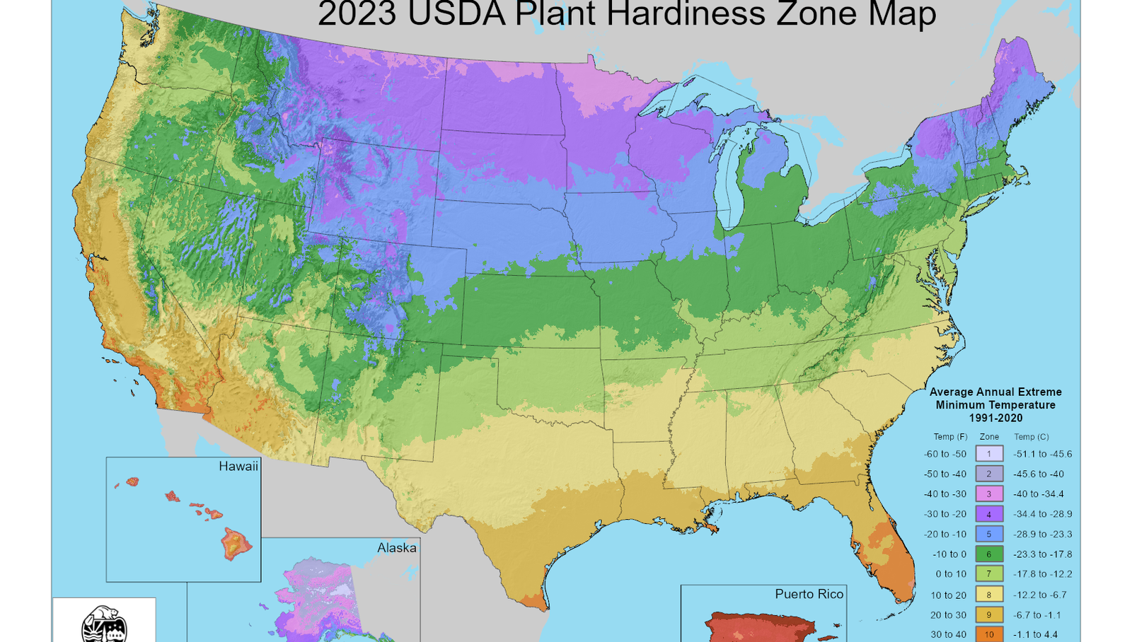 Official 2023 USDA Plant Hardiness Zone Map showing color-coded zones across the United States